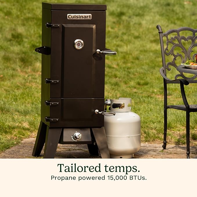Cuisinart 36” Vertical Propane Smoker 4 Removable Racks Spacious BBQ Smoker with Wood and Water Trays 15000 BTU Heat for Smoked Meat Brisket Jerky Fish Perfect for Tailgates Backyard Camping