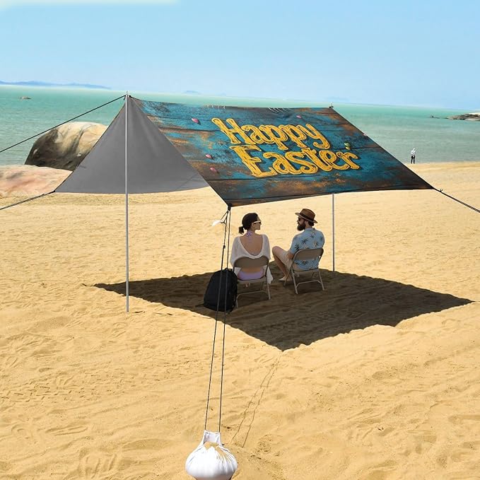 Happy Easter Bunny Beach Tent Sun Shelter Set UPF50+ UV Protection 10.5 x 9.19 FT Camping Shade Canopy with Sandbags Sand Anchors Carrying Bag and Others