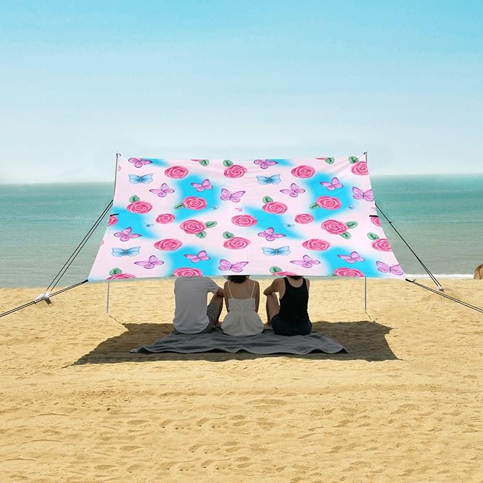 xigua Butterflies Beach Tent Sun Shelter with Carrying Bag - Silver Coated Oxford Fabric Beach Canopy for Beach Camping Fishing - Includes Windproof Ropes Sandbags &amp Stakes