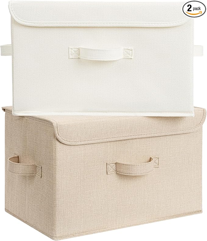 GRANNY SAYS Stoarge Basket with Lid Decorative Storage Boxes Closet Storage Bins for Clothes Collapsible Stackable Organization Ivory White&ampKhaki 2-Pack
