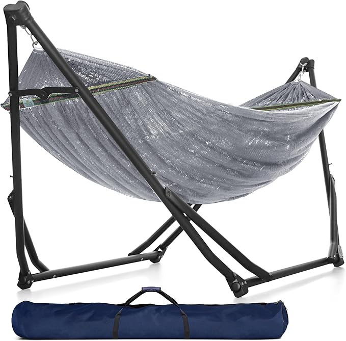 Tranquillo UniGen Hammock Hammock Stands Heavy Duty Indoor/Outdoor Hammock with Signature Steel Stand 600lbs Premium Foldable Durable 2-Layered Soft Polyester Grey