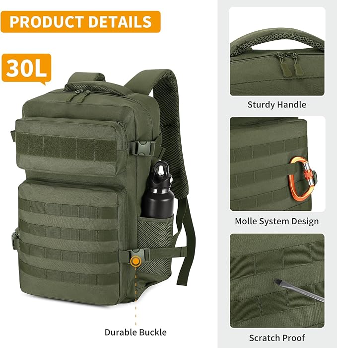 HUNTVP Tactical Backpack for Men 30L Military Backpack MOLLE Assault Pack Army Daypack Hunting Rucksack for Hiking Travel Work with Bottle HolderArmy Green