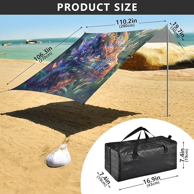 ALAZA Fantasy Dragon Beach Tent Sun Shelter UPF50+ Protection Beach Shade Canopy w/ 4 Sandbags for Outdoor Camping Fishing Backyard Fun Picnic 10x9 ft