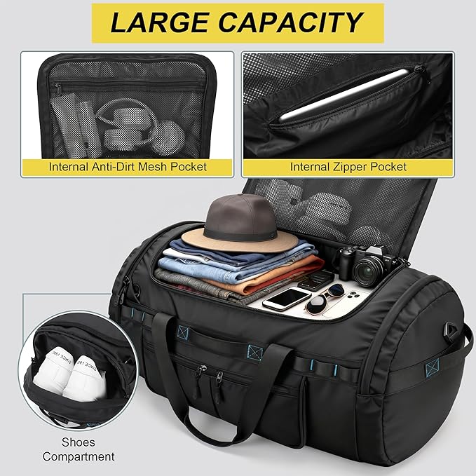 Large Travel Duffle Backpack for Men Women with Straps 45L/60L/90L Waterproof Gym Duffel Bag with Shoes Compartment for Hiking Camping Gym Overnight (90L)