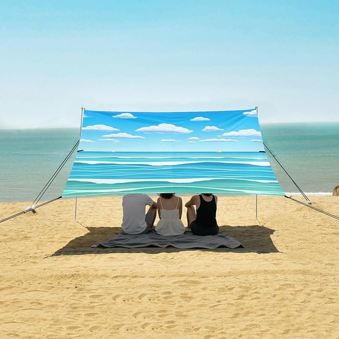 Beach Canopy with Windproof Ropes &amp Sandbags Beach Tent Sun Shade Sun Shelter for Camping Trips Fishing Backyard Fun or Picnics Waves