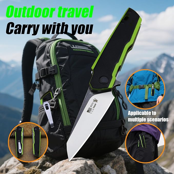 WPKOPYA 7.8in Folding Pocket Knife with D2 Steel Blade G10 Handle Ball Bearing Pivot Stonewashed Finish – Outdoor EDC Utility Tool for Camping Hiking Survival Use(G10 - Black/Green)