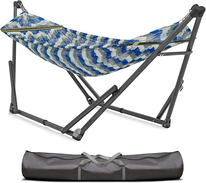 Tranquillo Uniki 550 lbs Capacity Double Hammock Stand Adjustable Collapsible Camping Hammock and Stand Signature Steel Stand Breathable Polyester Hammock Net Chevron