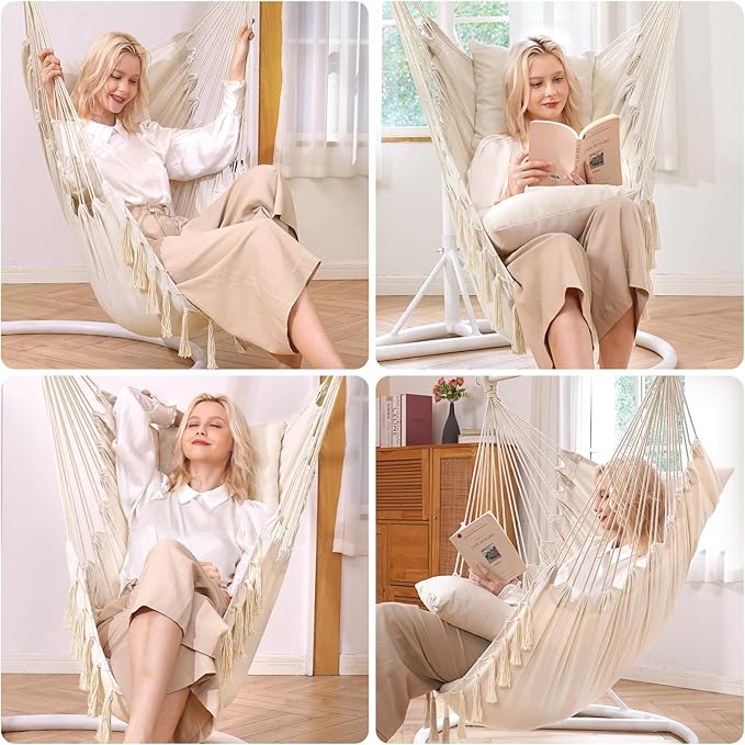 Y- STOP Hammock Chair Hanging Rope Swing Max 500 Lbs 2 Cushions Included Large Macrame Hanging Chair with Pocket for Superior Comfort with Hardware Kit (Beige)