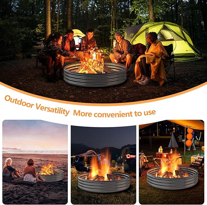 Mr IRONSTONE Outdoor Fire Pit Galvanized Fire Pit Ring Foldable Outdoor/Camping/Gatherings 5 FT Diameter Fire Pit for Yard/Garden/Park/Beach 60 Inches Fire Ring Pit Silver