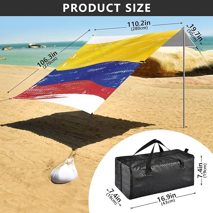 Flag of Colombia Stable Beach Tent UPF50+ Easy Setup Shade Sun Shelter with Sandbags Sand Shovel Poles for Camping Picnics Backyard