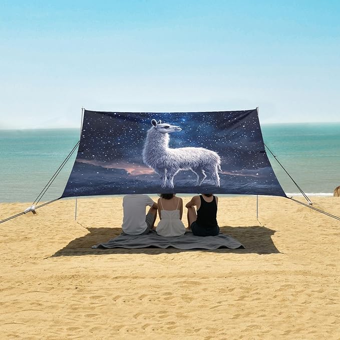 ALAZA Llama Starry Night Sky Beach Tent Sun Shelter UPF50+ Protection Beach Shade Canopy w/ 4 Sandbags for Outdoor Camping Fishing Backyard Fun Picnic 10x9 ft