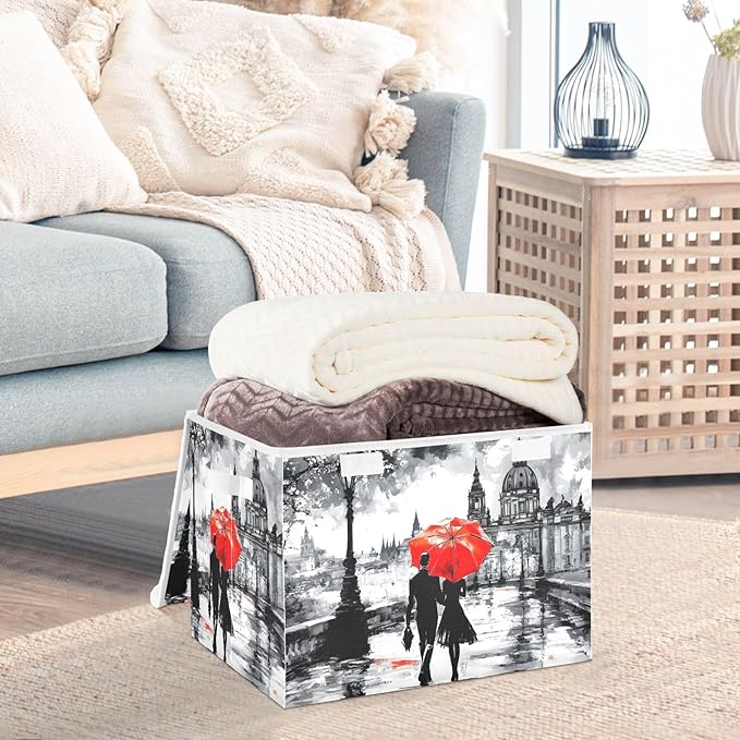 Romantic Woman Art Large Linen Storage Bins with Lid &amp Handle Foldable Storage Cubes Organizer Box Basket with Flip-Top Lid for Home Office 16.5” x 12.6” x 11.8”