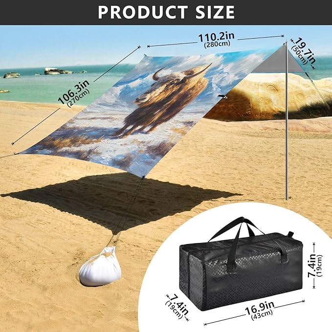 ALAZA Yak Snow Mountain Beach Tent Sun Shelter UPF50+ Protection Beach Shade Canopy w/ 4 Sandbags for Outdoor Camping Fishing Backyard Fun Picnic 10x9 ft