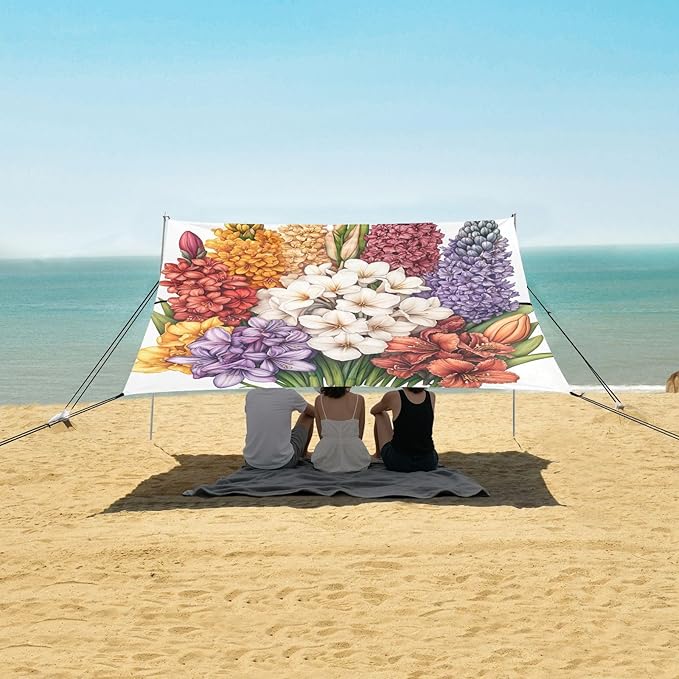 Spring Flowers Hyacinths Calla Lily Amaryllis White Beach Cabana UPF50+ Protection Waterproof Large Sun Shelter with Carrying Bag for Backyard and Camping