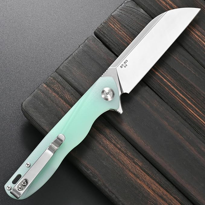 Sitivien ST103 Folding Knife D2 Steel Blade+G10 Handle Pocket Knife EDC Tool Knife for Outdoor Camping Hunting Survival (Jade)