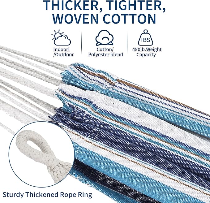 GAOMON Double Hammock with Steel Stand for Outside Portable Space Saving for Indoor Outdoor Patio w/Carrying Bag 450 lbs Capacity - Ocean Stripes