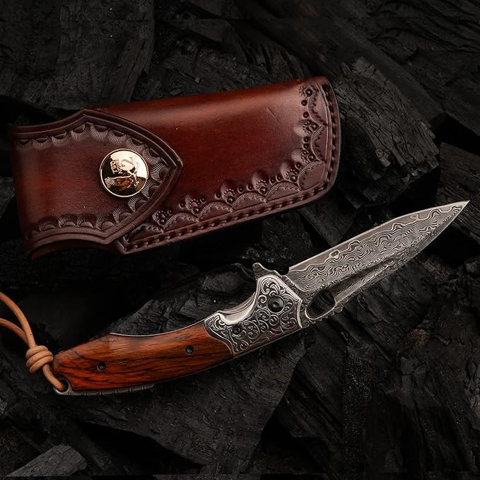 forging handmade vg10 damascus steel folding kniferosewood handle leather sheathedc pocket knives for men outdoors camping fishing