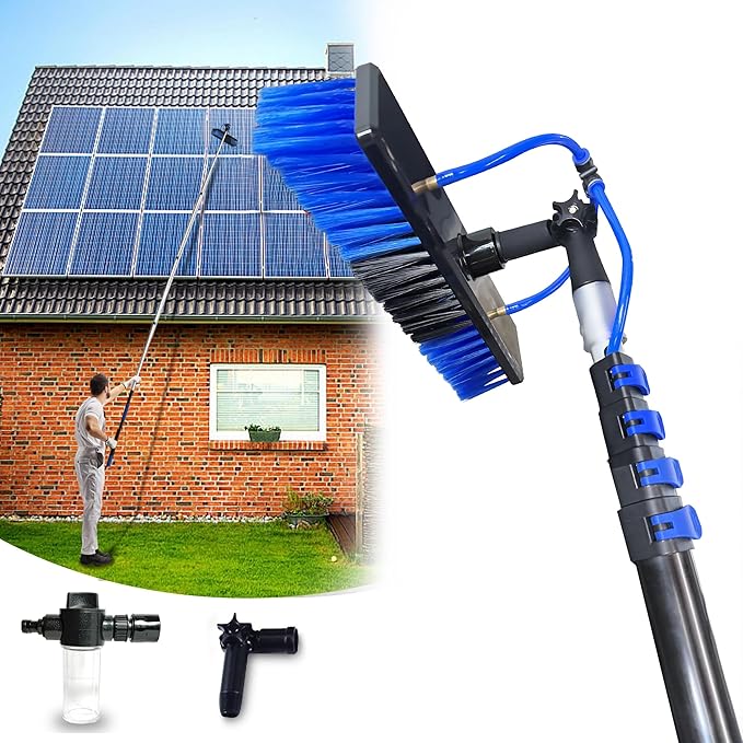20FT Solar Panel Cleaning Kit with Telescopic Pole &amp Soap Dispenser Water Fed Solar Panel Brush for Home/Roof/Caravan Extendable Window Cleaner Tool for RV Boat Deck &amp Outdoor Use (20FT)