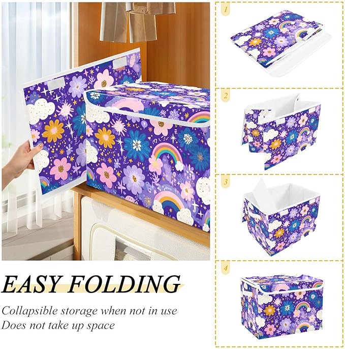 Collapsible Storage Bins with Lids Decorative Fabric Storage Cubes Closet Organizer and Storage Basket Boxes Containers for Clothes Box Chest Nursery Folding Rectangle Purple Rainbows Stars