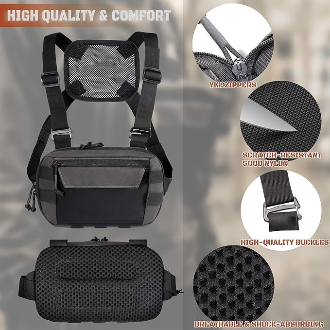 Tactical Chest Rig Pack for Men and Women Low Profile Utility CCW Chest Bag with Gun Holster for Outdoor Hiking Hunting Gravel Cycling Biking