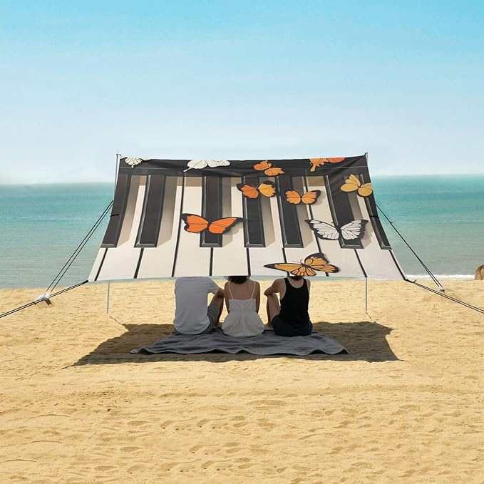 ALAZA Piano Keys Butterflies Painting Beach Tent Sun Shelter Portable Canopy Sunshade for Outdoor Camping Picnics Backyard Fun 10x9 ft