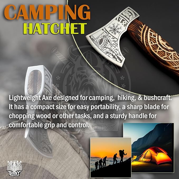 SHINY CRAFTS® Handcrafted Viking Axe – Nordic Engraved Blade with Wooden Handle Unique Gift for Men Collectors and Fantasy Enthusiasts (SCA-014)