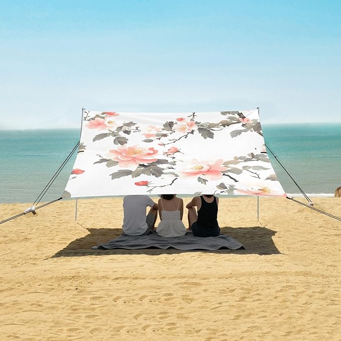Peach Flowers Beach Tent &amp Canopy UPF50+ Protection Lightweight Shade Sun Shelter Includes Sand Shovel Sandbags Stability Poles for Family Trips Picnics &amp Camping