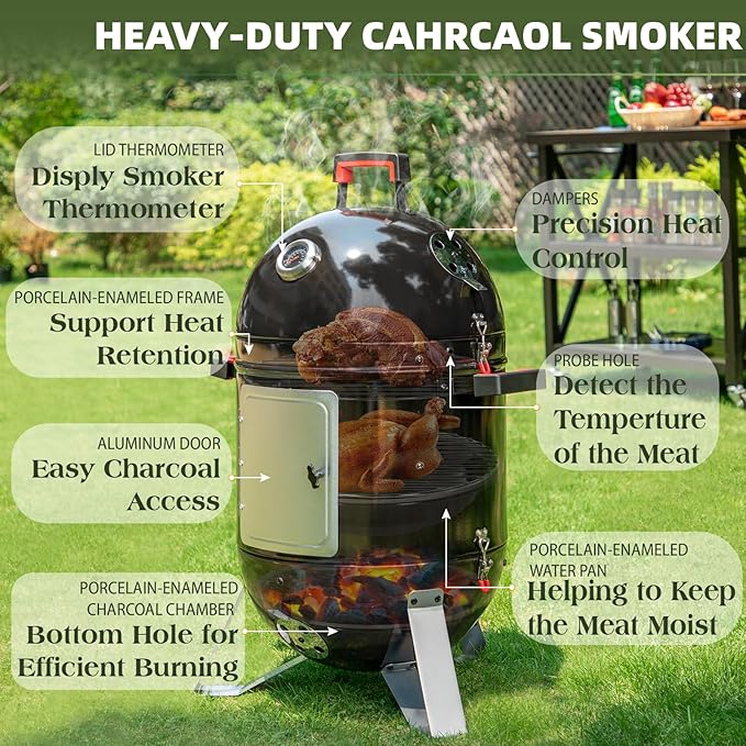 Sophia &amp William 18-Inch Vertical Charcoal Smokers BBQ Grills with Porcelain-Enameled Smoking Chamber &amp 2-Layer Smoking Shelves Outdoor Smokers &amp Tabletop Grill Combo for Barbecue Camping