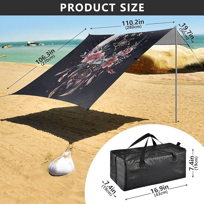 ALAZA Moon Dreamcatcher Flowers Stars Arrows Feathers Beach Tent Sun Shelter Portable Canopy Sunshade for Outdoor Camping Picnics Backyard Fun 10x9 ft