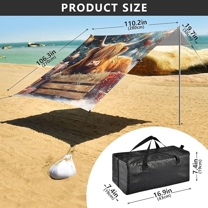 ALAZA Christmas Tree Highland Cow Beach Tent Sun Shelter Portable Canopy Sunshade for Outdoor Camping Picnics Backyard Fun 10x9 ft