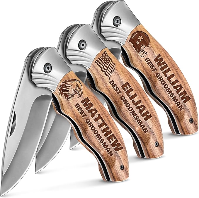 Personalized Pocket Knife for Groomsmen - Custom Folding Knives Set of 3 pcs - Engraved Gifts for Men and Women - Gift for Groomsman Wedding Party Best Man Proposal Gift for Bride Maid 6651 PS