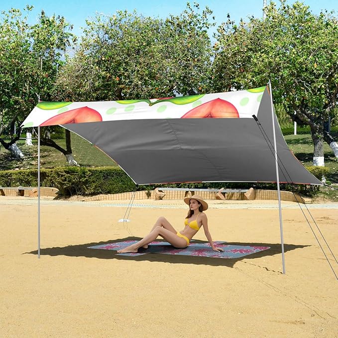 Beach Canopy with Windproof Ropes &amp Sandbags Beach Tent Sun Shade Sun Shelter for Camping Trips Fishing Backyard Fun or Picnics Peach