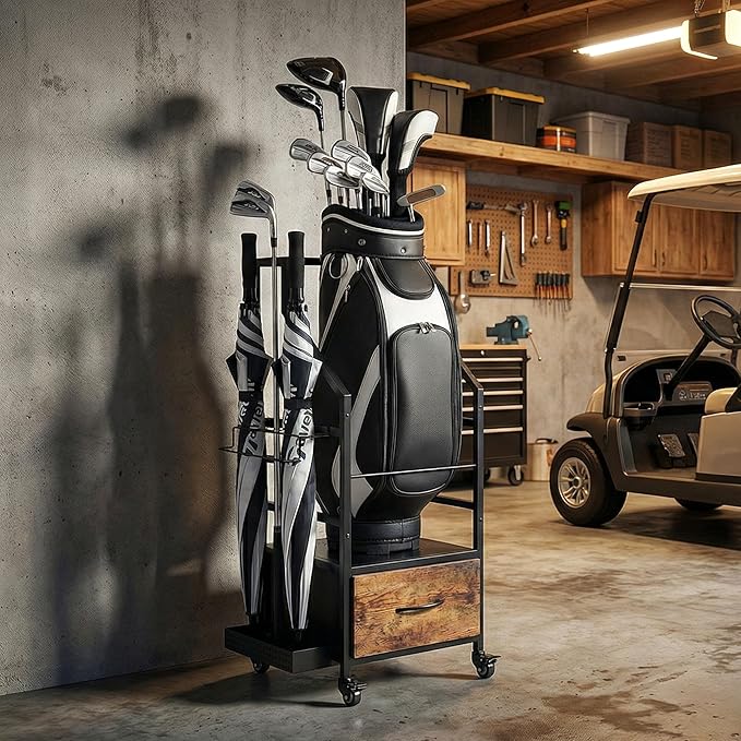Golf Bag Organizer Rack with Wheels Golf Storage Organizer for GarageGolf Stand &amp AccessoriesBrown Garage Organizer Fit Single Golf Bags