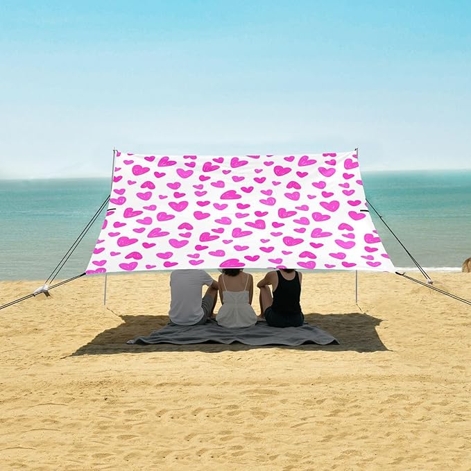 Beach Canopy with Windproof Ropes &amp Sandbags Beach Tent Sun Shade Sun Shelter for Camping Trips Fishing Backyard Fun or Picnics Heart