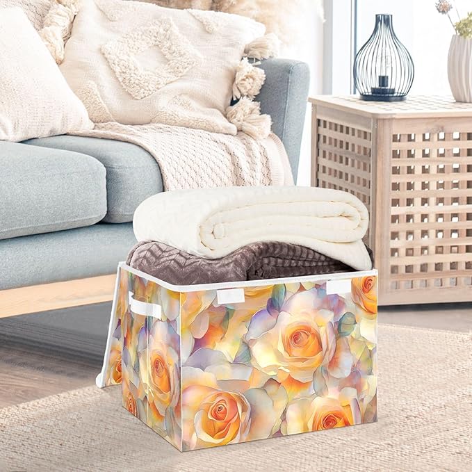 Aesthetic Floral Orange Storage Cube Bins Basket with Lid Collapsible Flip-top Fabric with Handle for Home Bedroom Closet Office 16.5×12.6×11.8 in