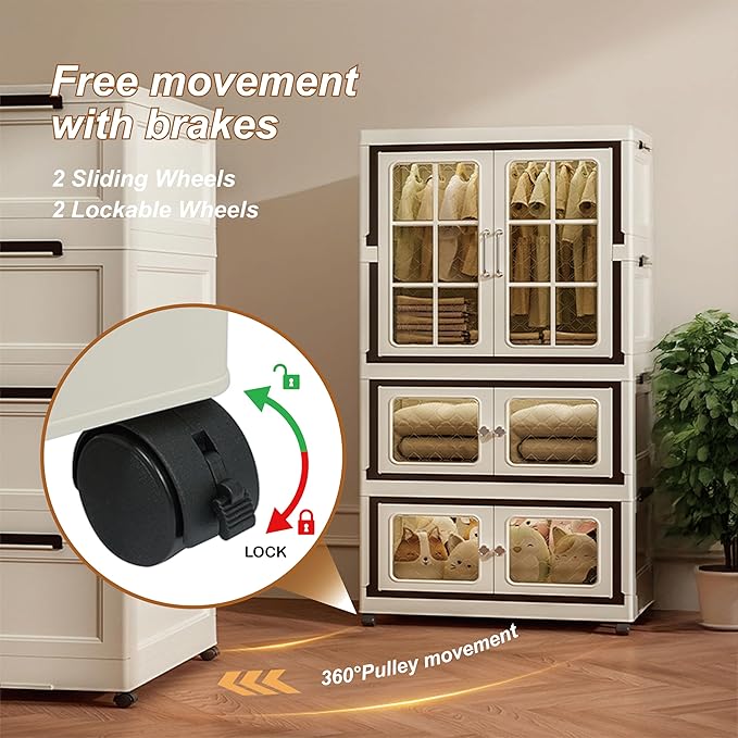Stackable Storage Cabinet with Lid and Wheels Plastic Collapsible Cabinet Foldable Storage Containers for Home and Office (4-Tier)