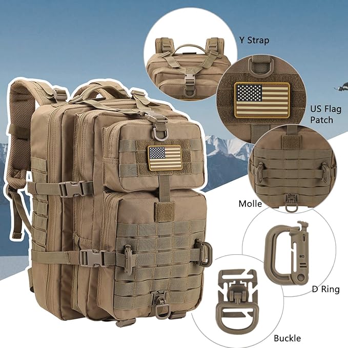 Hannibal Tactical MOLLE Assault Pack Tactical Backpack Military Army Camping Rucksack 3-Day Pack Trip w/USA Flag Patch D-Rings Coyote