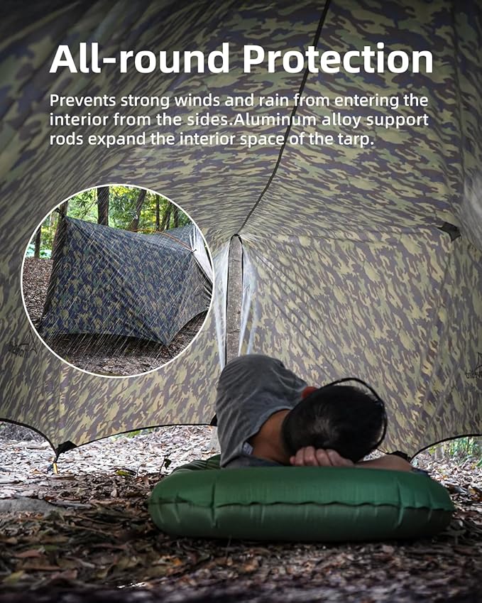 Ultralight Tarp 14ft Hammock Rain Fly Lightweight Waterproof Camping Tent Tarp with Doors Bushcraft Tarp Shelter for Backpacking Hiking Camping