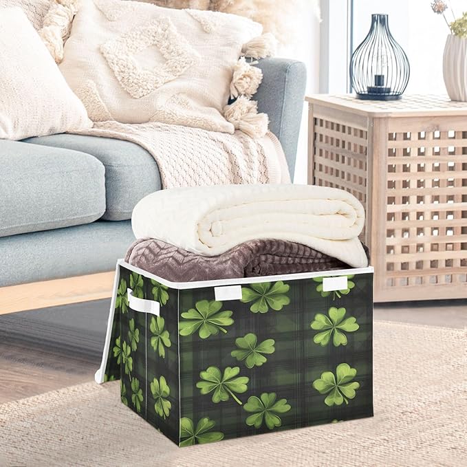 Doodle St. Patrick's Day Shamrock Pattern Foldable Storage Baskets Fabric Boxes with Handle Organizers with Flip-Top Lids Storage Bins for Home Bedroom Office