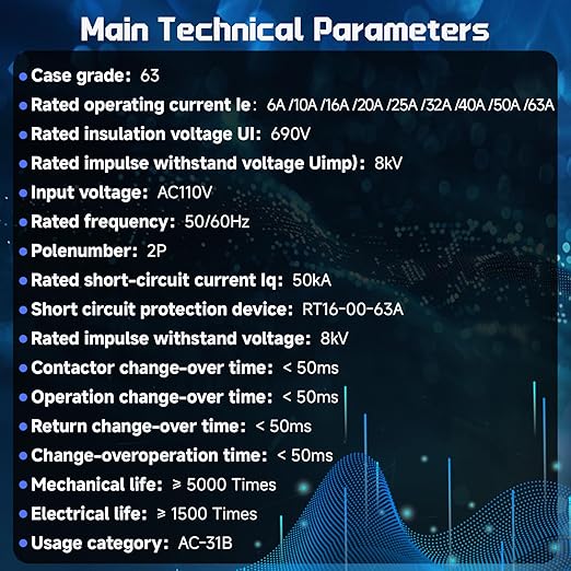 Mini ATS Automatic Transfer Switch 2P 63A 110V Dual Power Automatic/Manual Transfer Switch for Generator and Home Power Backup Fast Switching DIN Rail Mounted Changeover Switch AC 50/60Hz