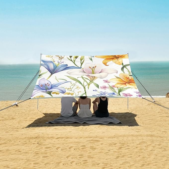 ALAZA Watercolor Lily Floral Wildflowers Beach Tent Sun Shelter Portable Canopy Sunshade for Outdoor Camping Picnics Backyard Fun 10x9 ft