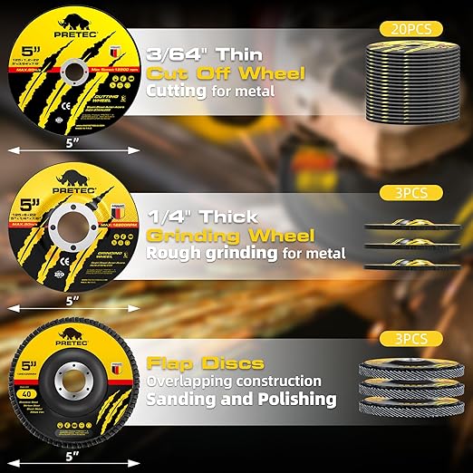 Grinding Cutting Wheels 5 inch Set - PRETEC 5 20 Cut Off Wheels 3 Grinding Wheels and 3 Flap Discs for Angle Grinder Cutting and Grinding 5” x 3/64 x 7/8 20+3+3 PCS Brown