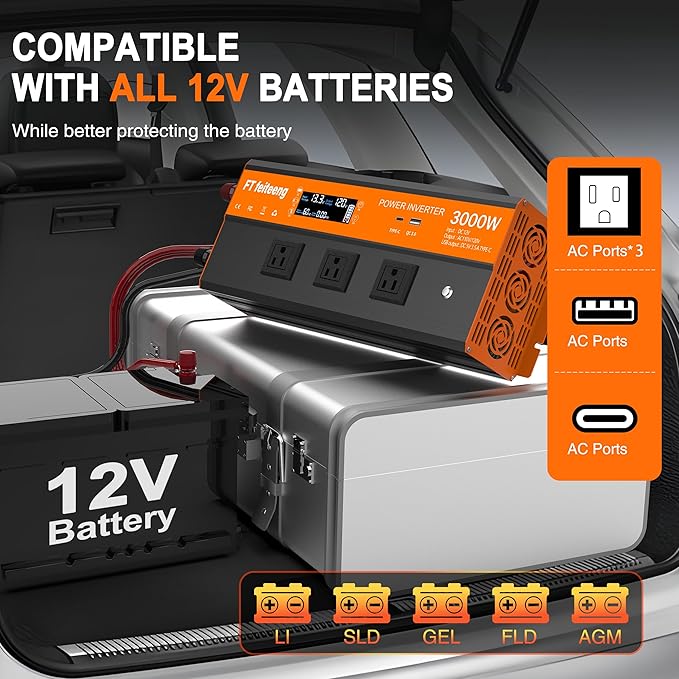 3000W Power Inverter 12v DC to 120v Ac Inverter Power Inverters for Vehicles with LCD Display 3AC Sockets and USB-C &amp QC 3.0 Port with Remote Control for Camping Home Truck Rv Solar System