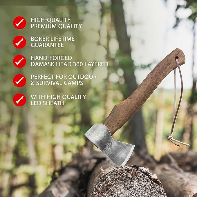 BÖKER PLUS® Appalachian Axe Damascus - Premium - Damascus Blade - with Damascus Head 360 Layers - Bushcraft Camping Hunting Outdoor &amp Survival - with Wooden Handle nut &amp Leather Sheath
