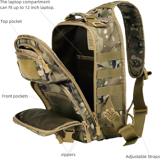 AMHEH 15L 1050D Tactical Sling Bag - Everyday Carry Crossbody Backpack with MOLLE and Concealed Back Pocket Fits 12 Laptop Camo