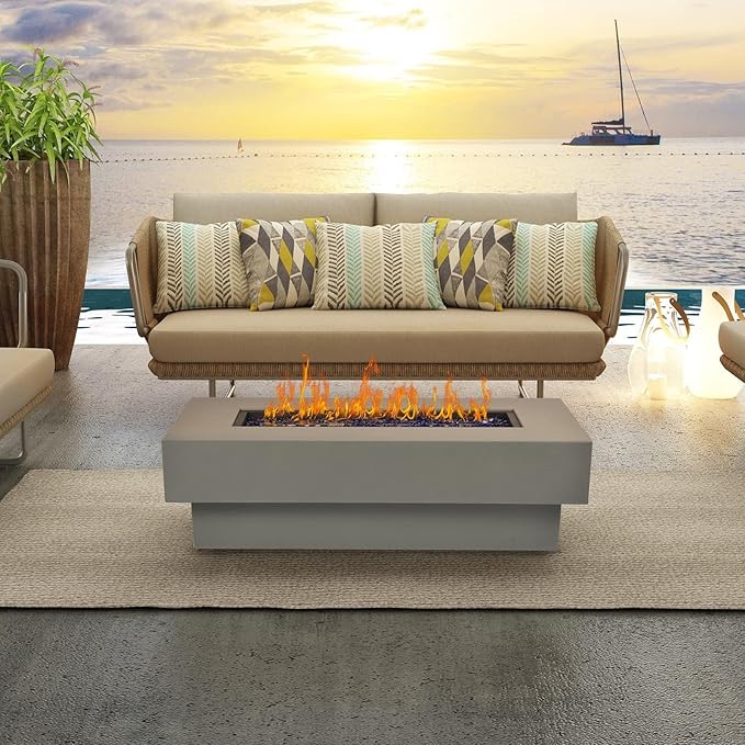 Outdoor Low Profile Fire Table 48-inch Rectangle Propane Gas Fire Pit Table 50000 BTU Modern Firepit w/Lid Glass Rocks Cover Pre-Attached 10ft Propane Hose Flint Gray