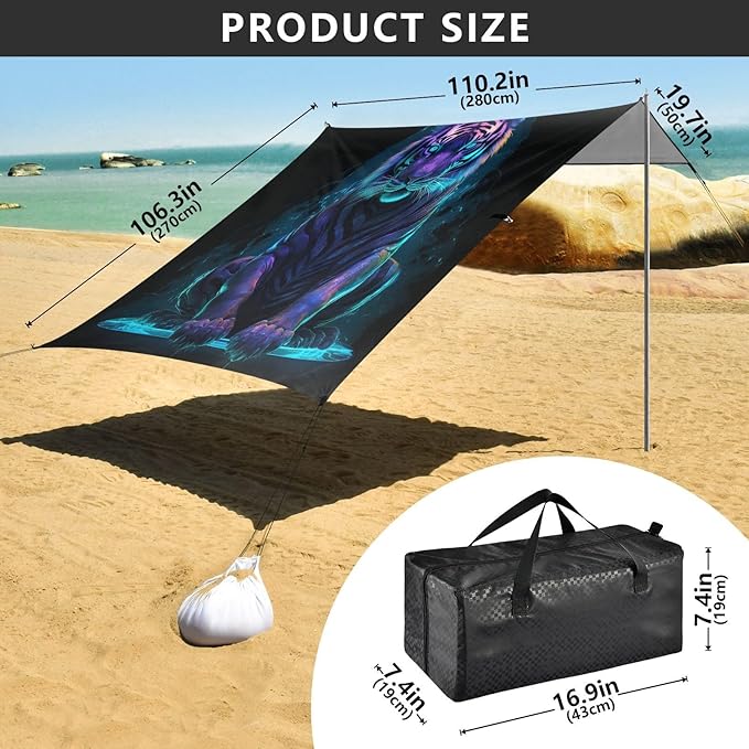 ALAZA Neon Tiger Beach Tent Sun Shelter UPF50+ Protection Beach Shade Canopy w/ 4 Sandbags for Outdoor Camping Fishing Backyard Fun Picnic 10x9 ft