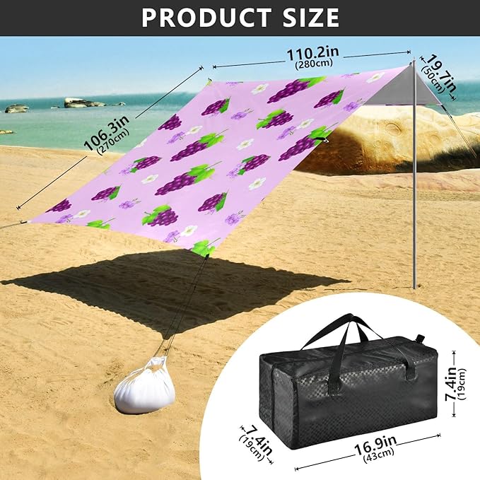 Beach Canopy with Windproof Ropes &amp Sandbags Beach Tent Sun Shade Sun Shelter for Camping Trips Fishing Backyard Fun or Picnics Grape