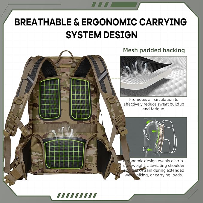 Timeet Tactical Backpack 45L for Men Military Backpack 3 Day Assault Pack with U-Shaped Wide Opening Water-Resistant Hiking Backpack for Travel Camping Survival Molle System (Camouflage 20 Inch)