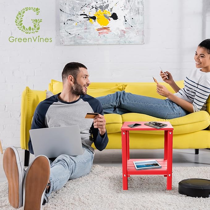 GREENVINES Outdoor Rocking Chair Set | 3-Piece | 2 Rocking Chairs with 1 Side Table | Porch Rocker | HDPE Plastic | Red | Patio Furniture Sets | High Back | Big &amp Tall | Ladder Back